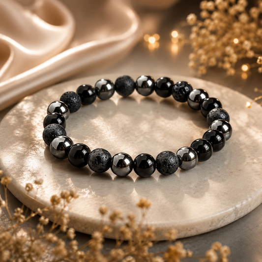 Black Onyx Lava Rock Beads Stretch Bracelet