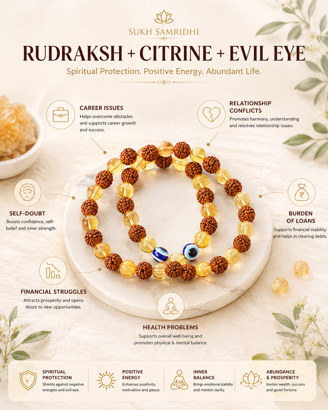 Rudraksha, Citrine and Evil Eye Bracelet