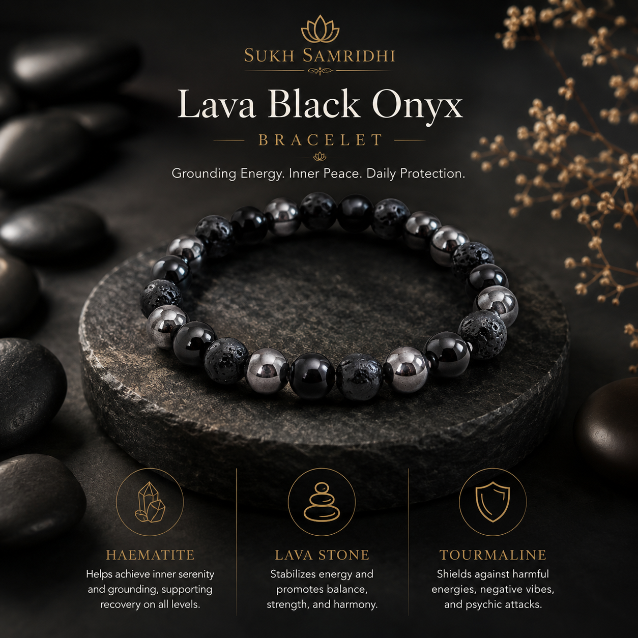 Black Onyx Lava Rock Beads Stretch Bracelet