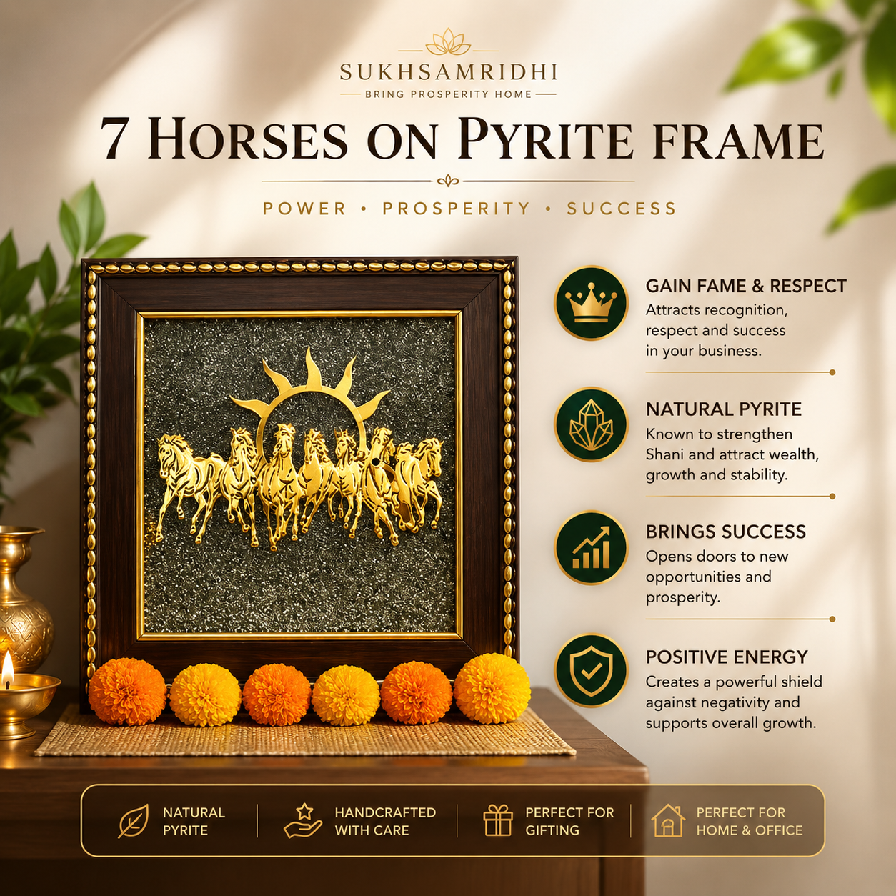 7 Horses on Raw Pyrite Frame – Leadership • Prosperity • Positive Energy