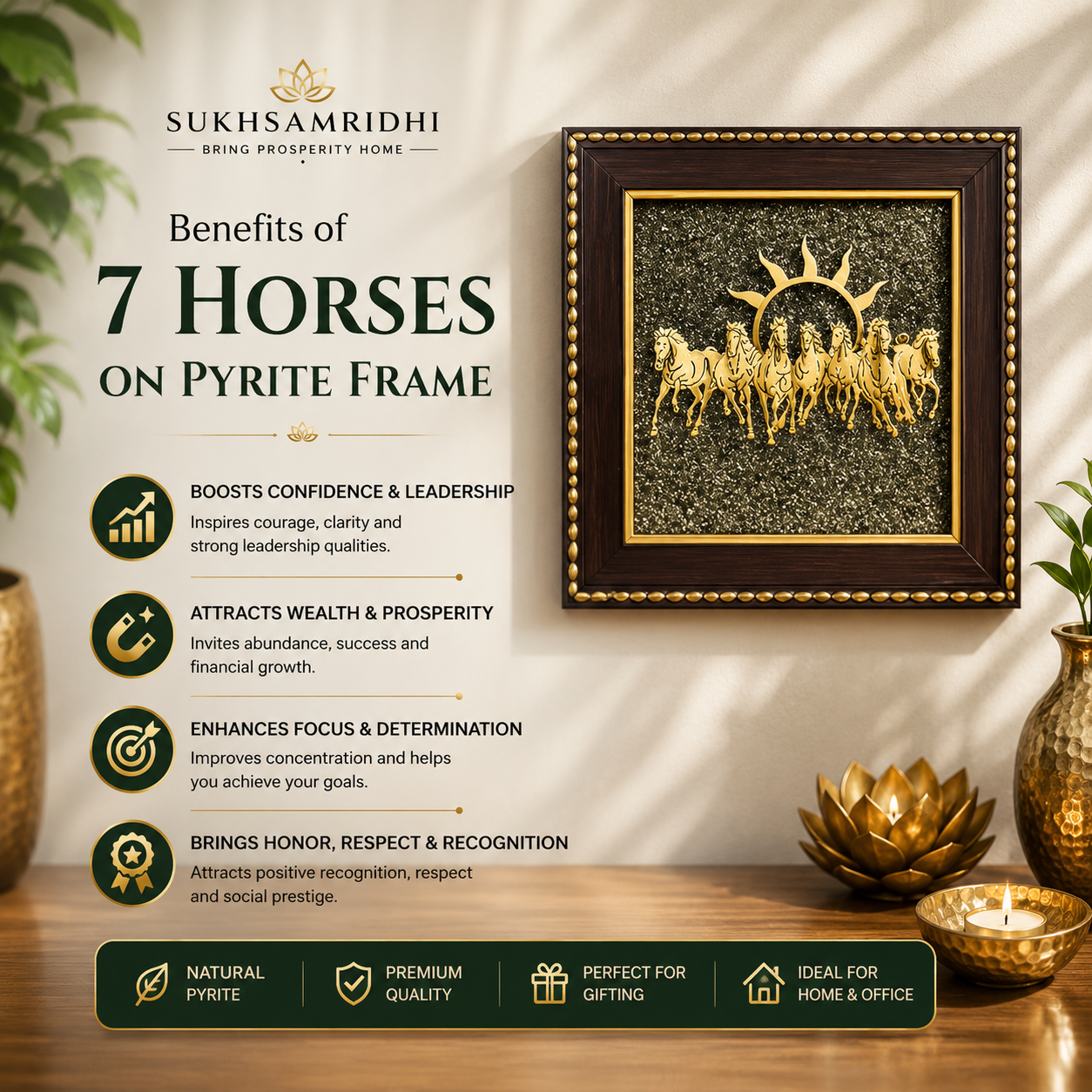 7 Horses on Raw Pyrite Frame – Leadership • Prosperity • Positive Energy