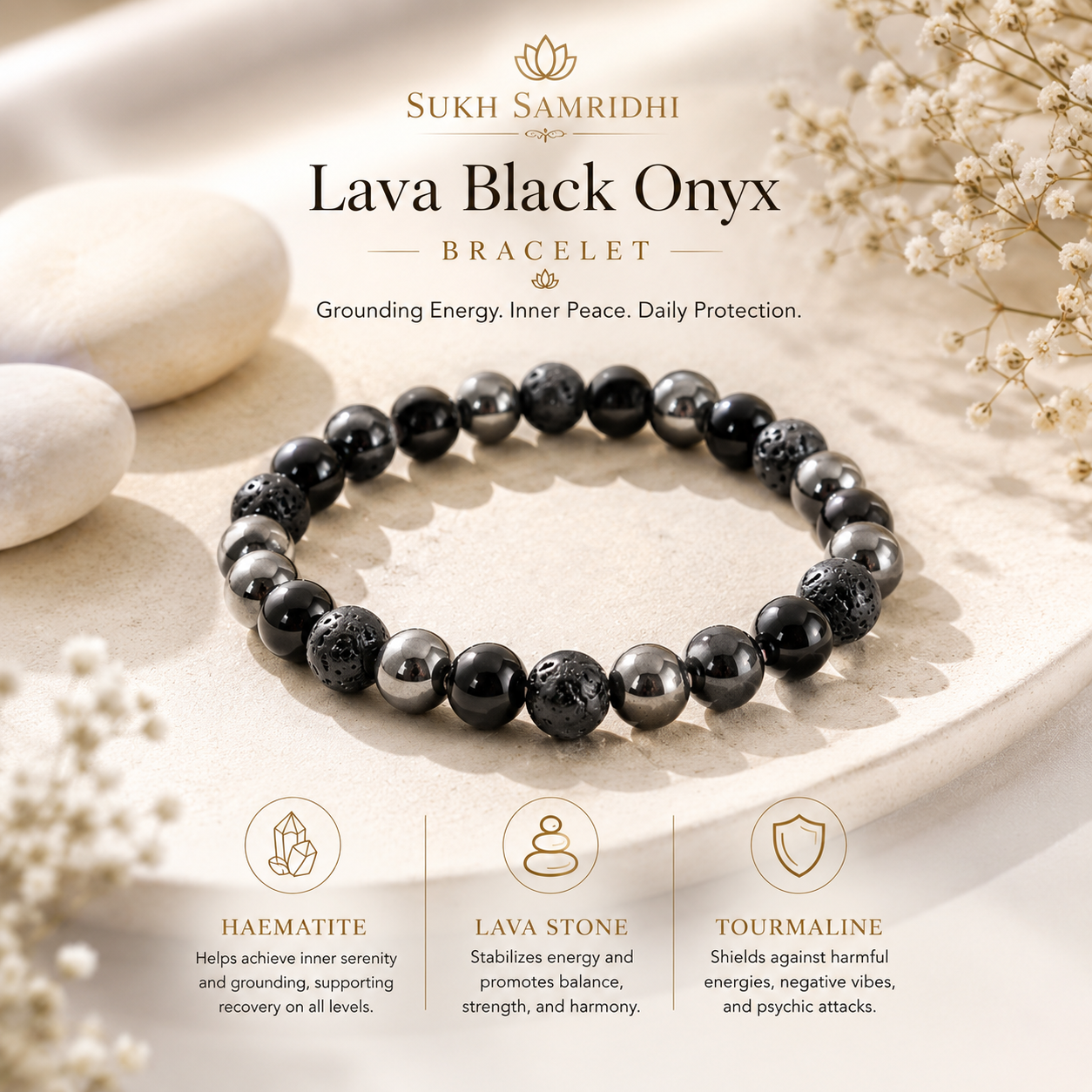 Black Onyx Lava Rock Beads Stretch Bracelet