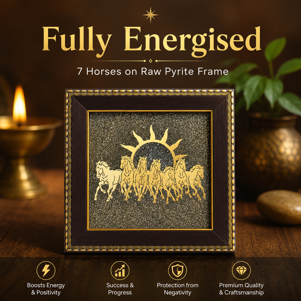 7 Horses on Raw Pyrite Frame – Leadership • Prosperity • Positive Energy