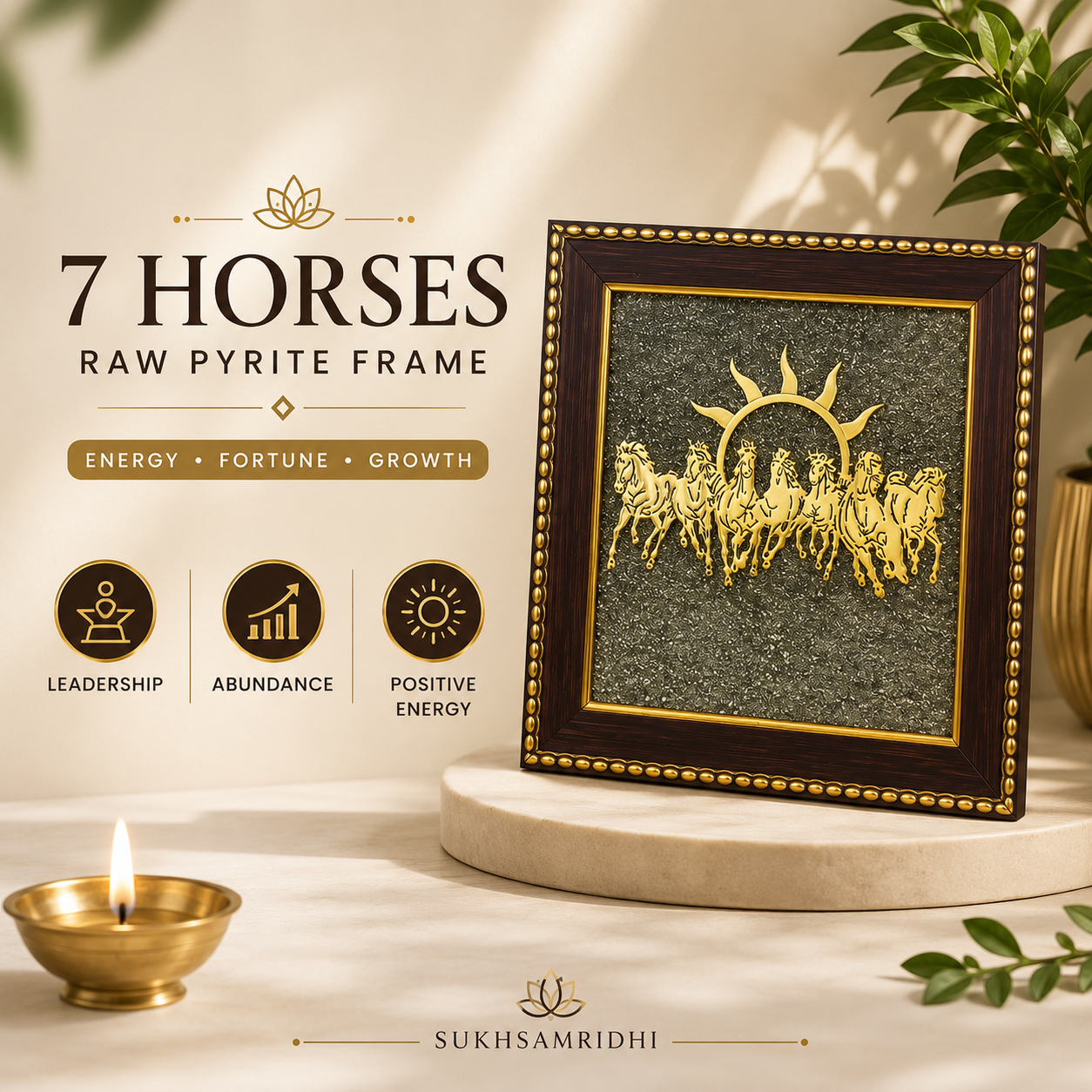 7 Horses on Raw Pyrite Frame – Leadership • Prosperity • Positive Energy