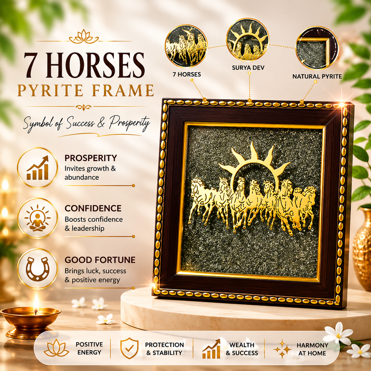 7 Horses on Raw Pyrite Frame – Leadership • Prosperity • Positive Energy