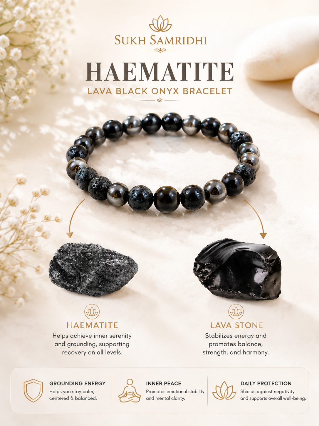Black Onyx Lava Rock Beads Stretch Bracelet