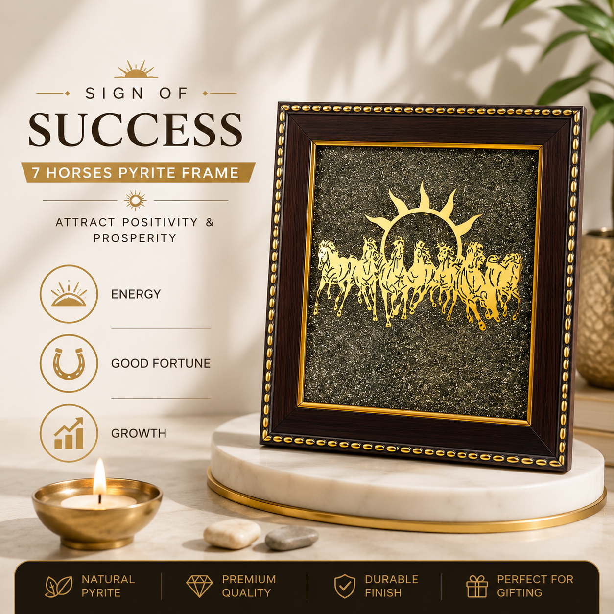 7 Horses on Raw Pyrite Frame – Leadership • Prosperity • Positive Energy