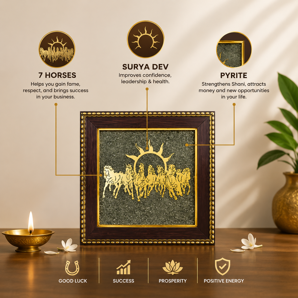7 Horses on Raw Pyrite Frame – Leadership • Prosperity • Positive Energy
